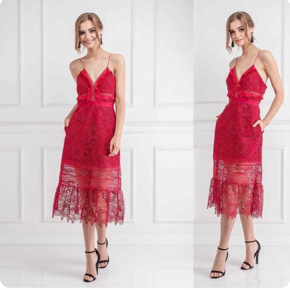 SELF PORTRAIT Floral Blush Lace Guipure Midi Dress in Raspberry Red